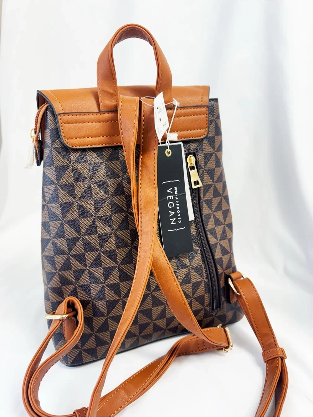 ATRIE vegan leather geometric fashion backpack, brown & Cognac, Front Flap NWT